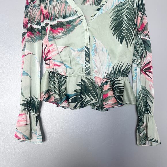 ✨GUESS Women’s Blouse Size S Green hawaiian print Floral Long Sleeve sheer Top - Picture 4 of 7